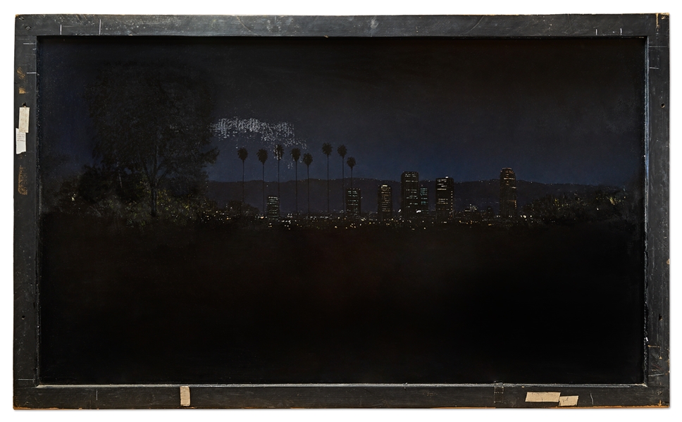 ''L.A. Story'' Screen-Used Matte Painting by Syd Dutton Showing Los Angeles at Night, With Backlighting on Reverse -- Large Painting Measures 70'' x 42''