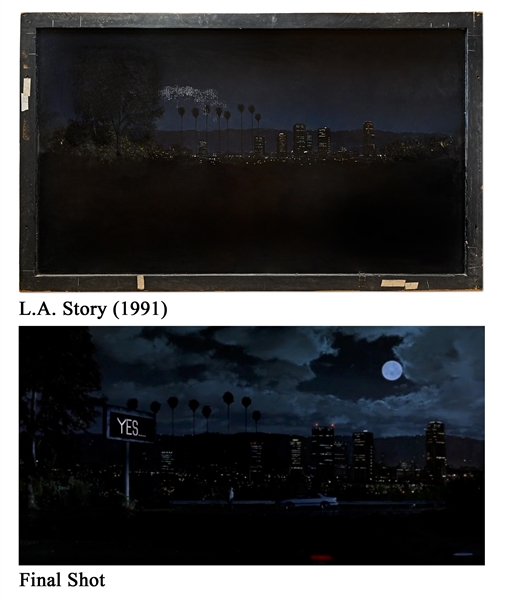 ''L.A. Story'' Screen-Used Matte Painting by Syd Dutton Showing Los Angeles at Night, With Backlighting on Reverse -- Large Painting Measures 70'' x 42''