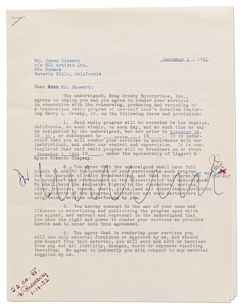 James Stewart Signed Contract to Appear on Bing Crosby's Radio Program -- With JSA COA