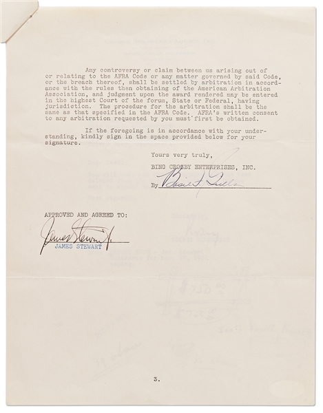 James Stewart Signed Contract to Appear on Bing Crosby's Radio Program -- With JSA COA