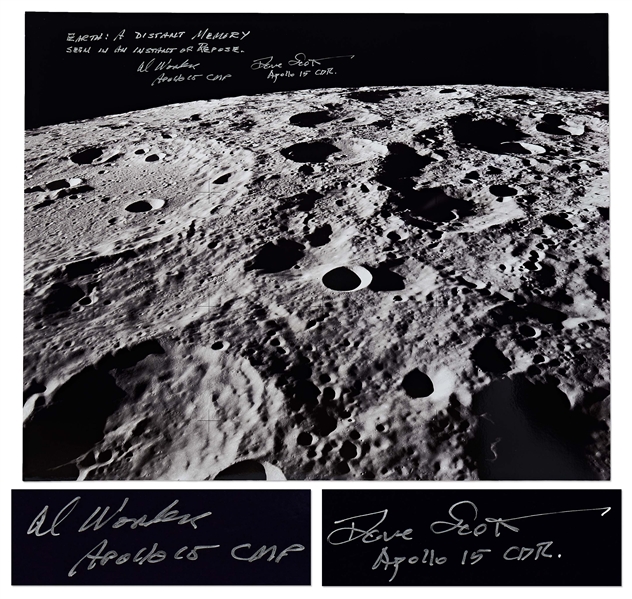 Al Worden & Dave Scott Signed 20 x 16 Photo of the Moon's Surface -- Worden Additionally Writes His Famous Quote About Seeing Earth From the Moon