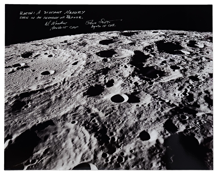 Al Worden & Dave Scott Signed 20 x 16 Photo of the Moon's Surface -- Worden Additionally Writes His Famous Quote About Seeing Earth From the Moon