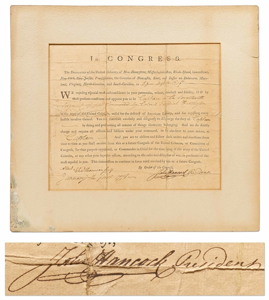 John Hancock Military Appointment Signed from 1776 During the Revolutionary War