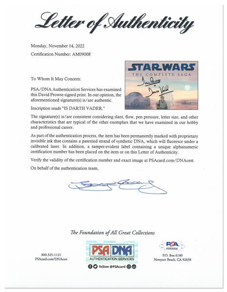 David Prowse Signed ''Star Wars'' Photo -- Prowse Writes ''David Prowse is Darth Vader'' -- With PSA/DNA COA