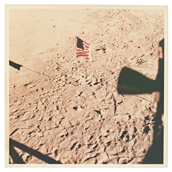 Apollo 11 Photo Measuring 8'' x 8'' Printed on ''A Kodak Paper'' -- The U.S. Flag Standing Sentry on the Moon