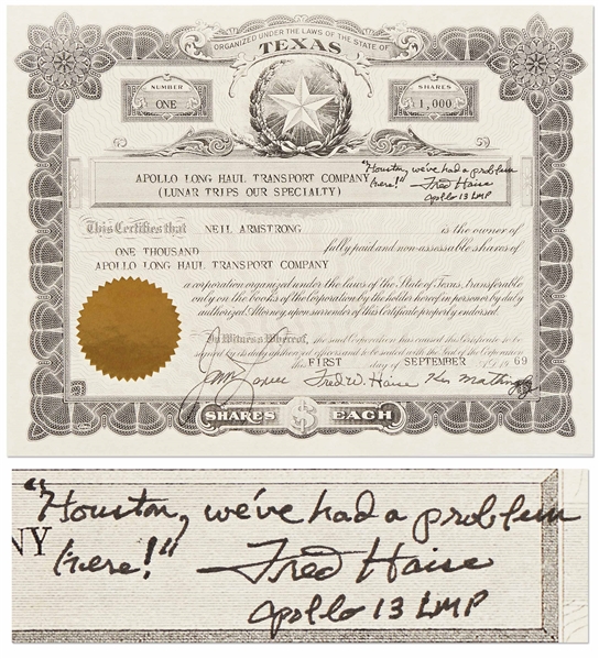 Fred Haise Signed Souvenir Stock Certificate for the Apollo Long Haul Transport Company -- Haise Signs the Gag Certificate, ''Houston we've had a problem here!''