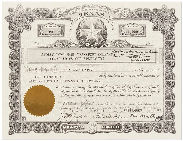 Fred Haise Signed Souvenir Stock Certificate for the Apollo Long Haul Transport Company -- Haise Signs the Gag Certificate, ''Houston we've had a problem here!''