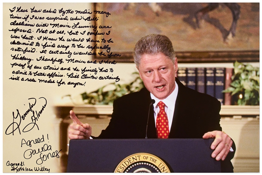 Gennifer Flowers, Paula Jones & Kathleen Willey Signed 20'' x 16'' Photo of Bill Clinton During the Infamous ''Finger Wagging'' Press Conference