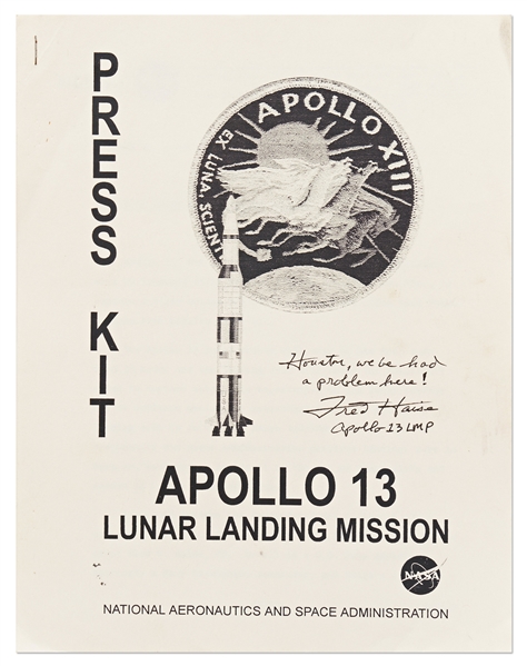Fred Haise Signed Apollo 13 Press Kit, Adding the Famous Quote from the Mission: ''Houston, we've had a problem here!''
