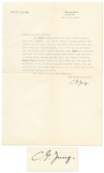 Carl Jung Letter Signed to His Protege -- ''...your truly excellent paper, which I am reading with the greatest interest...''