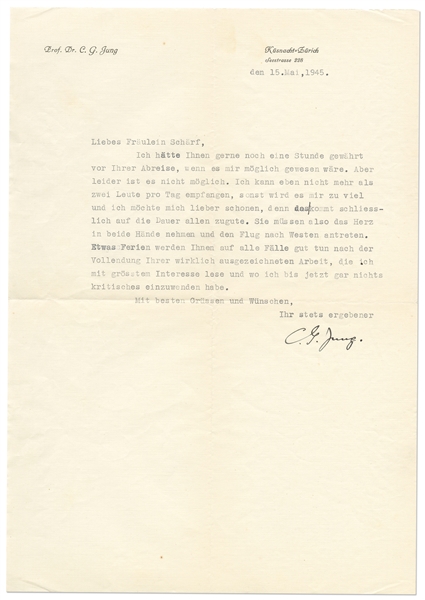 Carl Jung Letter Signed to His Protege -- ''...your truly excellent paper, which I am reading with the greatest interest...''