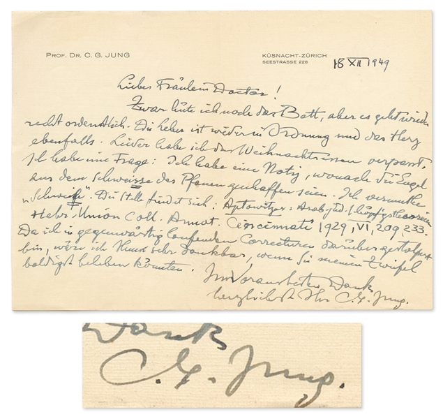 Carl Jung Autograph Letter Signed -- ''...My liver is fine again, and so is my heart...''