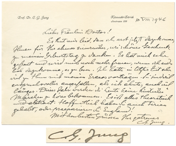 Carl Jung Autograph Letter Signed Regarding His Lectures for Eranos -- ''...This year, the crowd will not get to hear any 'childish' fairy tales...''