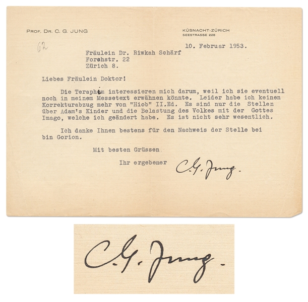 Carl Jung Letter Signed from 1953 with Mention of the Catholic Mass and ''Answer to Job''