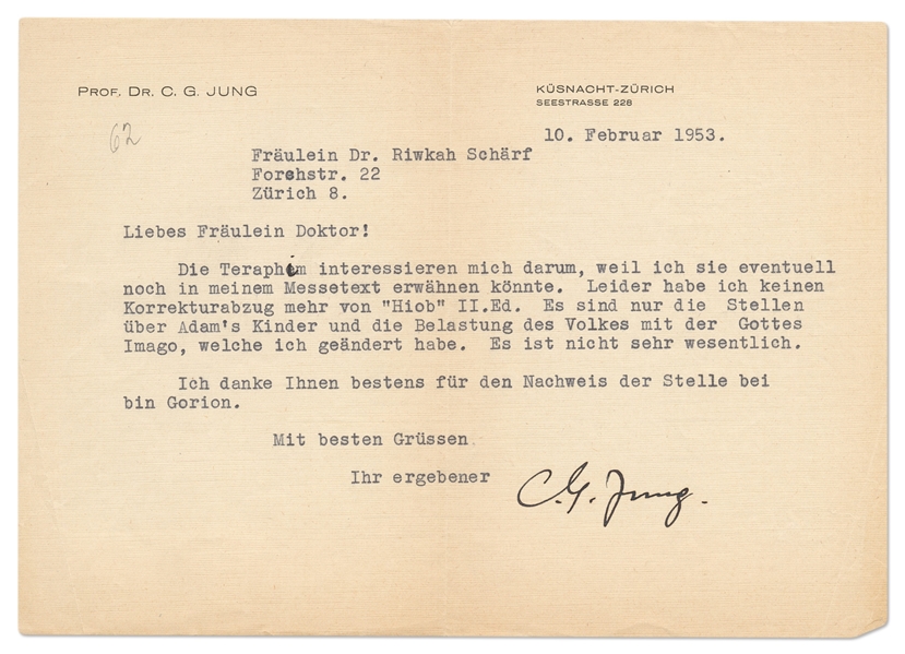 Carl Jung Letter Signed from 1953 with Mention of the Catholic Mass and ''Answer to Job''