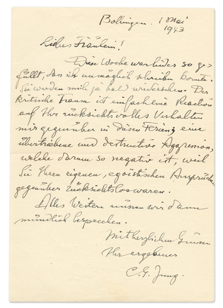 Carl Jung Autograph Letter Signed, Analyzing a Dream -- ''...The critical dream is...an exaggerated and destructive aggression...because you were inconsiderate towards your own egoistical demands...''