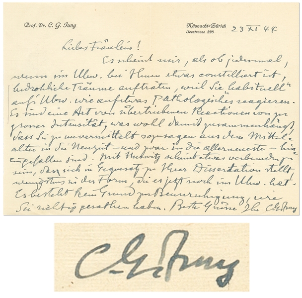 Carl Jung Autograph Letter Signed -- ''...you 'habitually' react to the unconscious as if it were something pathological...''