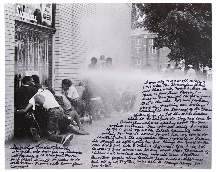 Incredible 20'' x 16'' Photo Essay Handwritten & Signed by Gwendolyn Sanders, Who Led the 1963 Student Protest in Birmingham, Alabama -- ''...Birmingham firemen used these water hoses against us...''