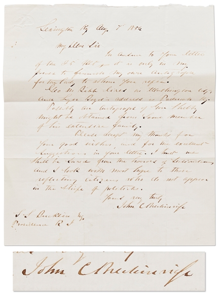 CSA Secretary of War John C. Breckinridge Autograph Letter Signed -- ''…I trust we shall be saved from the horrors of Sectionalism…''