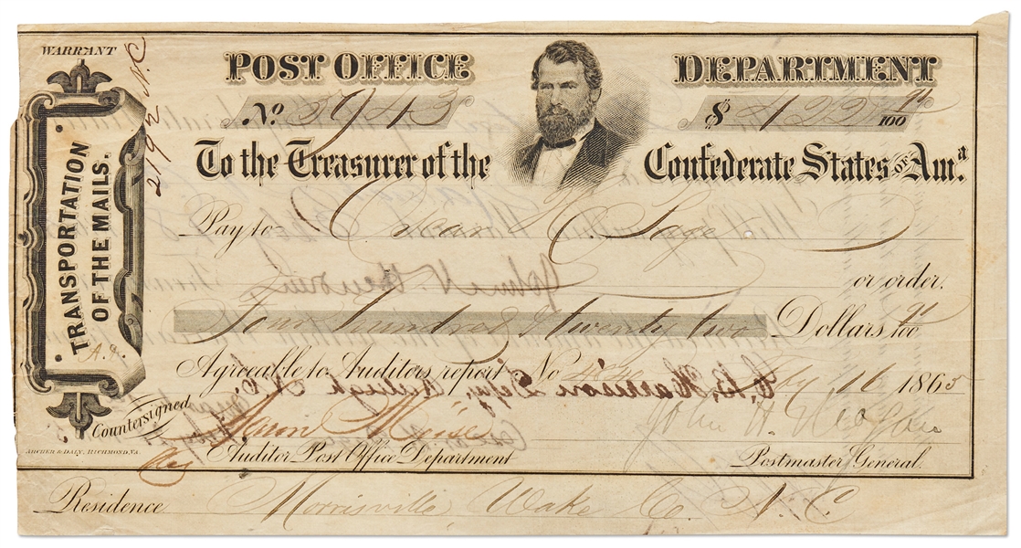 CSA Postmaster General John H. Reagan Signed Confederate Postal Pay Order Warrant