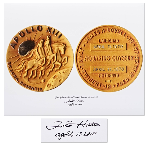 Fred Haise Signed 20'' x 16'' Photo of the Apollo 13 Gold Robbins Medal
