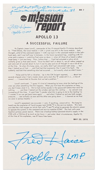 Fred Haise Signed Apollo 13 Mission Report with Handwritten Note on Surviving the Mission -- ''...we focused on the next problem and how to solve it!''