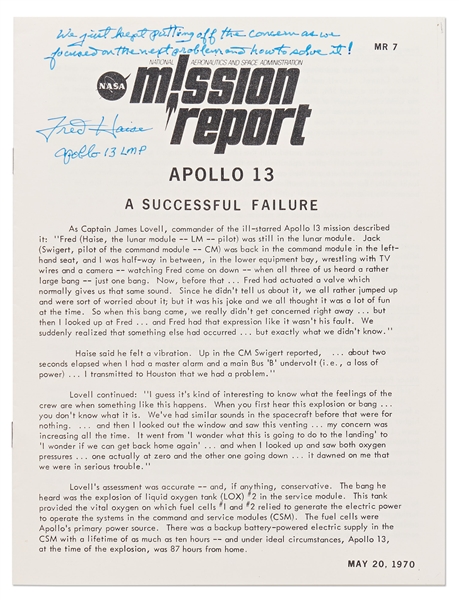 Fred Haise Signed Apollo 13 Mission Report with Handwritten Note on Surviving the Mission -- ''...we focused on the next problem and how to solve it!''