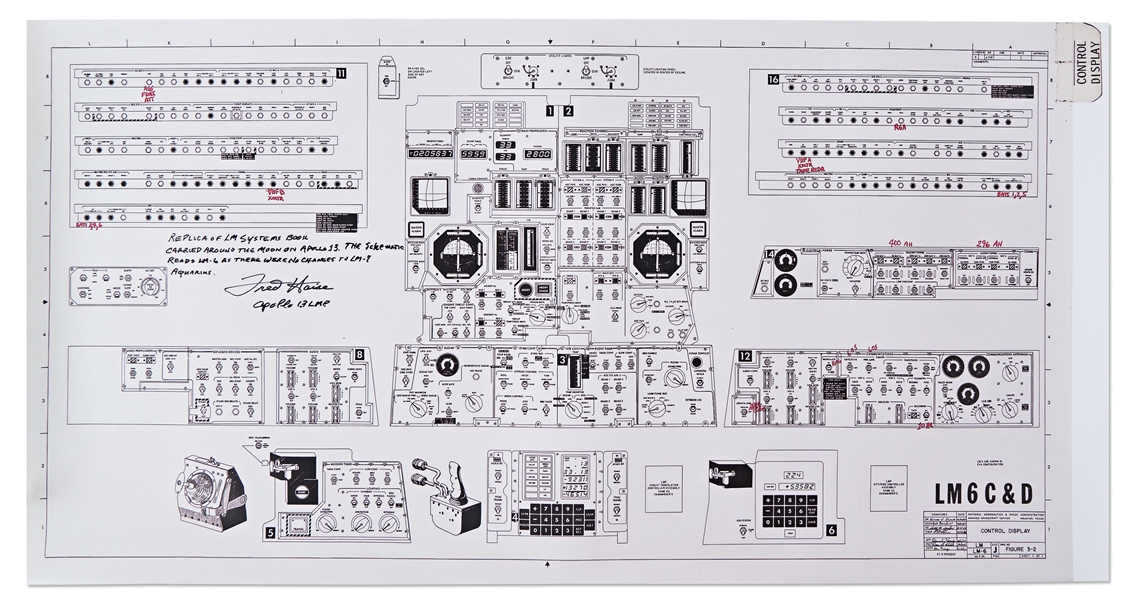 Fred Haise Signed Copy of the Lunar Module Schematic -- Measures 28'' x 14.5''