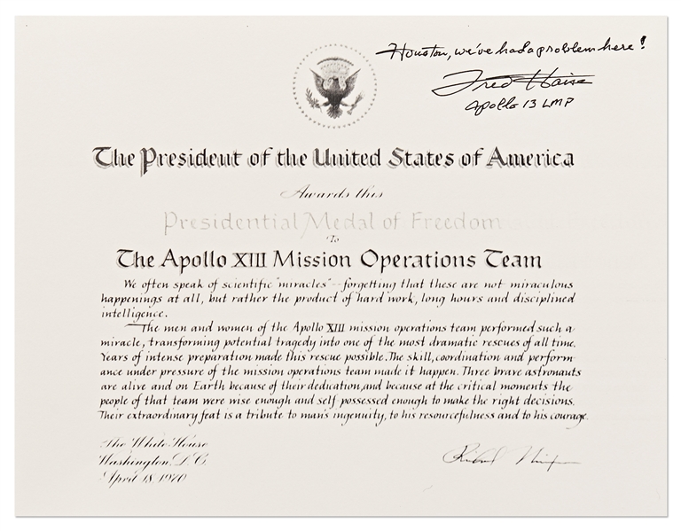 Fred Haise Signed Copy of the Presidential Medal of Freedom -- Haise Adds, ''Houston, we've had a problem here!''