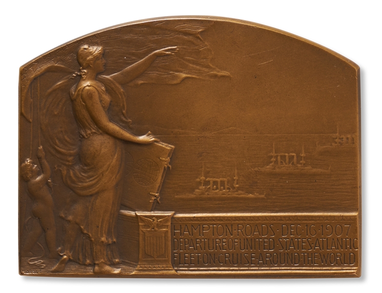 Theodore Roosevelt Bronze Plaquette by Barber & Morgan Honoring Roosevelt's ''Great White Fleet''