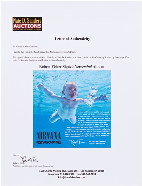 Nirvana's ''Nevermind'' LP Record Album, with a Signed Description by Art Director Robert Fisher Regarding the Famous Cover Artwork