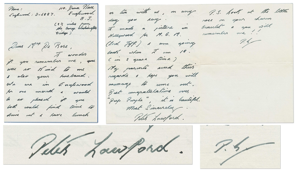 Peter Lawford Autograph Letter Signed as a 16 Year-Old -- ''...I made a picture in Hollywood for M.G.M. (Lord Jeff)...'' -- With PSA/DNA COA