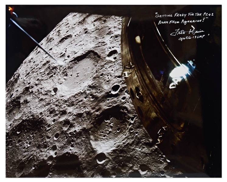 Fred Haise Signed 20'' x 16'' Dramatic Photo of the Moon from the Lunar Module -- Haise Writes, ''Getting ready for the PC+2 burn from Aquarius!''
