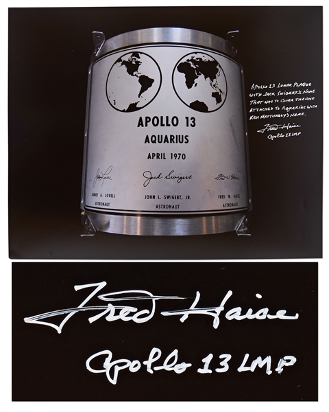Fred Haise Signed 20'' x 16'' Photo of the Apollo 13 Lunar Plaque -- Haise Mentions How Jack Swigert Replaced Ken Mattingly on the Mission