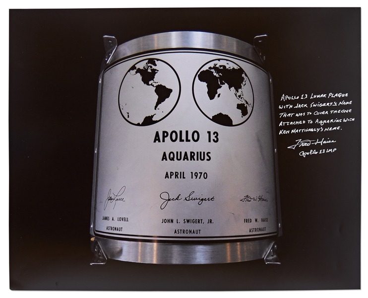 Fred Haise Signed 20'' x 16'' Photo of the Apollo 13 Lunar Plaque -- Haise Mentions How Jack Swigert Replaced Ken Mattingly on the Mission