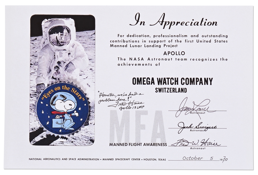 Fred Haise Signed Snoopy Award NASA Certificate Given to the Omega Watch Company After Apollo 13