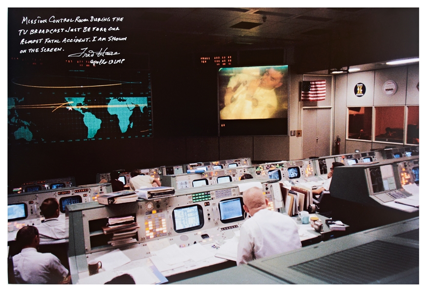 Fred Haise Signed 20'' x 16'' Photo of NASA Mission Control During the Apollo 13 Mission -- Photo Was Taken ''just before our almost fatal accident''