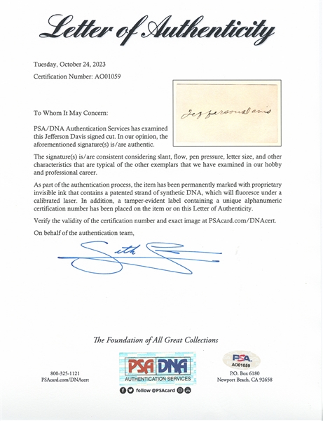 Jefferson Davis Signature -- With PSA/DNA COA