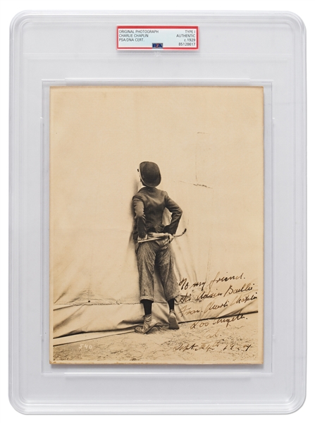 Charlie Chaplin Signed 7'' x 9'' Photo as The Tramp, in a Scene from ''The Circus'' -- Encapsulated by PSA/DNA as Type I Photo