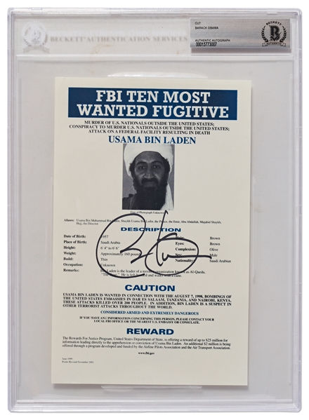 Barack Obama Signed Souvenir Photo of Osama bin Laden's FBI Most Wanted Poster -- Beckett Slabbed