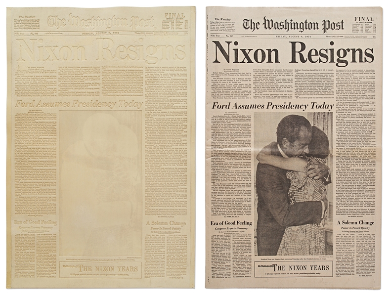 ''The Washington Post'' Mat from 9 August 1974 with the Historic Headline of ''Nixon Resigns'' -- Includes Original Newspaper