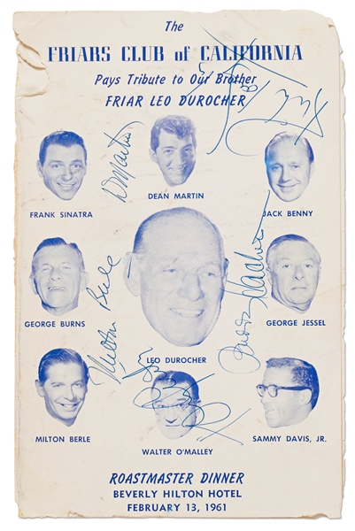 Dean Martin, Tony Curtis, Milton Berle, Kirk Douglas and Buddy Hackett Signed Friar's Club Program for a Roast of Leo Durocher -- With PSA/DNA COA