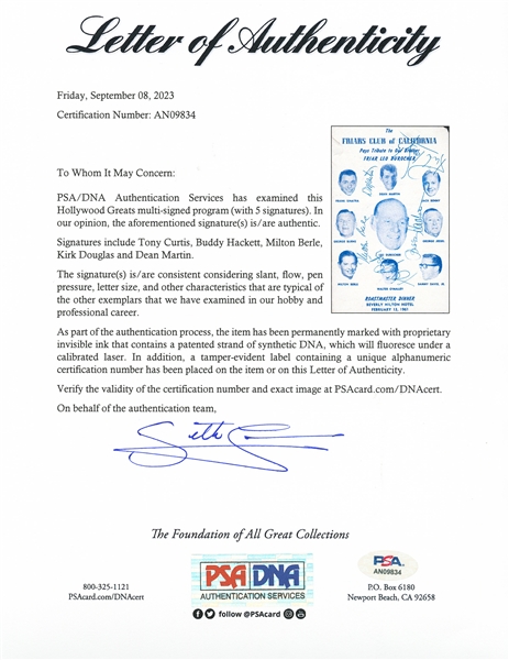 Dean Martin, Tony Curtis, Milton Berle, Kirk Douglas and Buddy Hackett Signed Friar's Club Program for a Roast of Leo Durocher -- With PSA/DNA COA