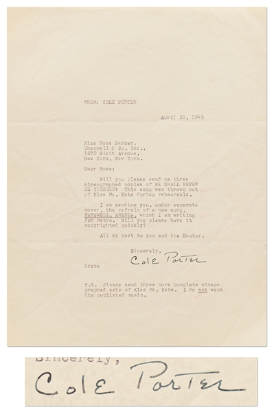 Letter Signed by Cole Porter Referencing ''...a new song, FAREWELL AMANDA...Will you please have it copyrighted quickly?...''