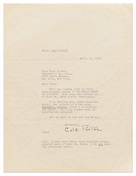 Letter Signed by Cole Porter Referencing ''...a new song, FAREWELL AMANDA...Will you please have it copyrighted quickly?...''