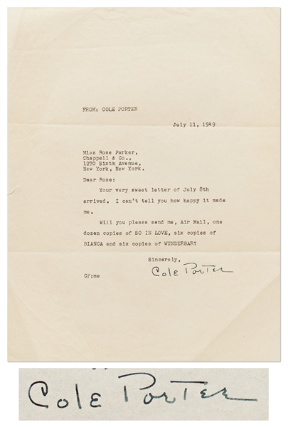 Letter Signed by Cole Porter -- Referencing Several Hit Songs from the 1940s