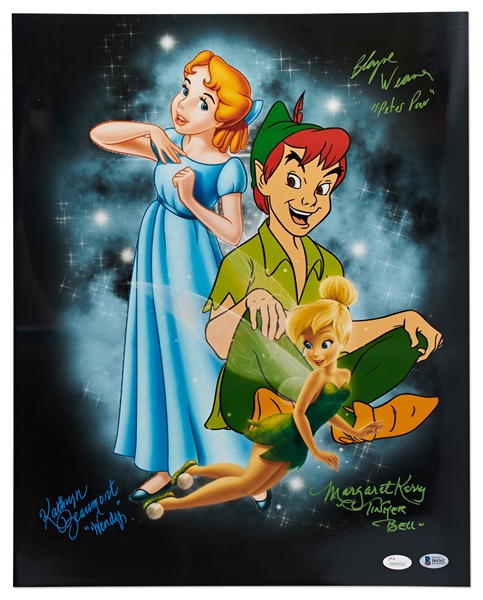 Large 14'' x 11'' Photo Signed by ''Peter Pan'' Actors: Kathryn Beaumont as Wendy, Blayne Weaver as Peter Pan & Margaret Kerry as Tinker Bell -- With Beckett & JSA COAs
