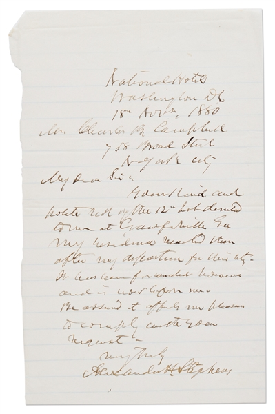 Alexander H. Stephens Autograph Letter Signed -- Stephens Served as Vice President of the Confederacy During the Civil War