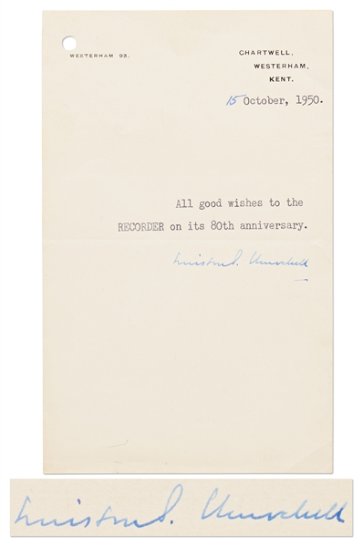 Winston Churchill Letter Signed, Sending Good Wishes on 80th Anniversary