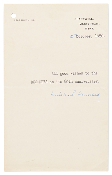 Winston Churchill Letter Signed, Sending Good Wishes on 80th Anniversary